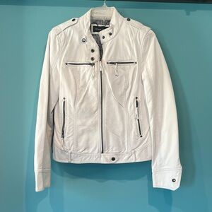 Black Rivet White Leather Biker Jacket with Zip Pockets
